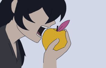 anewbiea animated animated_gif apple artist_collaboration biting black_hair black_tunic constricted_pupils coughing disgust double-parted_bangs food fruit hair_between_eyes high_ponytail holding holding_food holding_fruit mahinori motion_lines ponytail shadow_slave sunny_(shadow_slave) tunic wide-eyed
