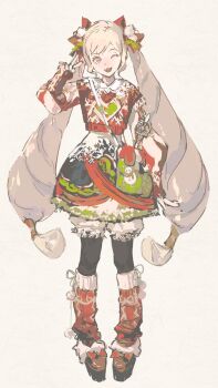 1girl ;d alternate_costume bag blonde_hair bow christmas dress elise_(fire_emblem) fire_emblem fire_emblem_fates full_body green_bag hair_bow highres lkppp long_hair long_sleeves looking_at_viewer nintendo one_eye_closed open_mouth purple_eyes red_bow shoulder_bag smile solo standing twintails v very_long_hair winter_clothes