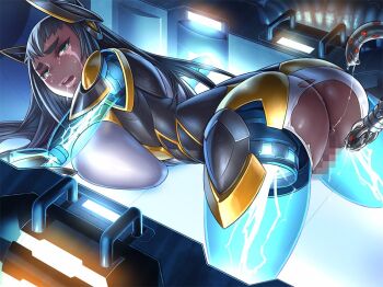 00s 1girl all_fours anus ass black_skin breasts censored colored_skin cyborg dark-skinned_female dark_skin electricity energy female_focus forced glowing huge_ass kings-3_tesla_(taimanin_asagi_battle_arena) large_breasts long_hair looking_at_viewer machine mikoyan pussy pussy_juice rape saliva tagme taimanin_(series) taimanin_asagi taimanin_asagi_kessen_arena tears very_dark_skin