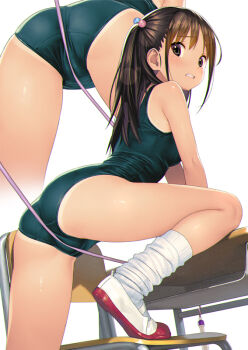 1girl arm_support ass bare_shoulders bdsm between_legs blue_one-piece_swimsuit blush bondage bound brown_eyes brown_hair cameltoe chair clenched_teeth crotch_rope desk from_behind hair_ornament koutaro long_hair looking_at_viewer loose_socks multicolored_hair_bobbles old_school_swimsuit one-piece_swimsuit one-piece_tan open_mouth original rope school_chair school_desk school_swimsuit shoes socks solo swimsuit tan tanline teeth uwabaki white_socks