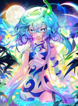 1girl animal_ears blue_eyes blue_hair cloud_(lufaeris) cowboy_shot cross-shaped_pupils crossed_bangs double-parted_bangs flat_chest full_moon gluteal_fold gradient_hair hair_between_eyes highres horns long_hair looking_at_viewer moon multicolored_hair nature navel open_mouth original petite plant purple_hair revealing_clothes single_horn smile solo symbol-shaped_pupils very_long_hair wading water