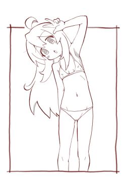 1girl ahoge arm_behind_back bad_tag border bra breasts cleavage covered_erect_nipples feet_out_of_frame loli long_hair navel onii-chan_wa_oshimai! open_mouth outside_border oyama_mahiro panties sidelocks simple_background small_breasts solo standing underwear v white_background zubatto_(makoto)