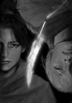 Rule 34 | 2girls, absurdres, black background, chi.: chikyuu no undou ni tsuite, commentary, draka (chi.), floating hair, greyscale, highres, jolenta, k05062688, lips, monochrome, multiple girls, nose, quill, short hair, simple background, untranslatable commentary, upper body