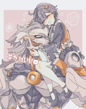 1boy 1girl ahoge artificial_eye banyue_(zenless_zone_zero) belle_(delicate_sunlight)_(zenless_zone_zero) belle_(zenless_zone_zero) black_shoes blue_hair blush border carrying chinese_clothes closed_eyes commentary_request crossed_bangs dress dress_over_shirt earrings grey_border grey_hair hair_between_eyes hair_ornament head_hug heart hug humanoid_robot jewelry letter_hair_ornament mechanical_eye mechanical_hands metal_skin official_alternate_costume open_mouth orange_dress orange_nails pantyhose pink_background robot robot_boy shoes short_hair shoulder_carry sio333_gn sweatdrop twitter_username white_pantyhose zenless_zone_zero