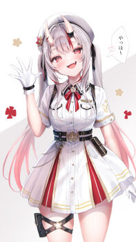 Rule 34 | 1girl, :d, absurdres, belt, belt pouch, beret, black belt, black ribbon, breasts, button dress, collared dress, commentary request, cowboy shot, dress, fang, gloves, grey hair, hair between horns, hair ribbon, hand up, hat, highres, hololive, horns, long hair, looking at viewer, medium breasts, multicolored hair, nakiri ayame, nakiri ayame (9th costume), o-ring, o-ring thigh strap, official alternate costume, official alternate hairstyle, oni, open mouth, pleated dress, pouch, red eyes, red hair, ribbon, short dress, short sleeves, sidelocks, skin-covered horns, skin fang, smile, solo, speech bubble, streaked hair, terra bose, thigh strap, translation request, twintails, very long hair, virtual youtuber, waving, white dress, white gloves, white hat