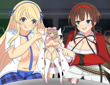 3girls bare_shoulders blonde_hair blue_eyes breasts brown_hair cleavage crimson_scar crop_top gluteal_fold grabbing_another's_breast green_eyes groping hair_ribbon haruka_(senran_kagura) high_heels katsuragi_(senran_kagura) lab_coat large_breasts long_hair long_sleeves multiple_girls necktie open_clothes open_shirt ribbon ryoubi_(senran_kagura) senran_kagura short_sleeves size_difference sleeveless teeth test_tube thighhighs thong twintails underboob upper_teeth_only very_long_hair wide_sleeves