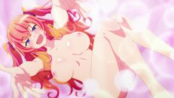 1girl agatsuma_makina android animated anime_screenshot ass bed blue_eyes blush breast_press breasts collarbone completely_nude curvy fang feet gradient_hair hand_on_own_chest highres hugging_object kakushite!_makina-san!! large_breasts multicolored_hair nail_polish navel nipples nude on_bed orange_hair outstretched_arms pillow pillow_hug pink_hair reaching reaching_towards_viewer red_hair robot_girl skin_fang smile sound stomach tagme thick_thighs thighs toenail_polish toenails video wide_hips