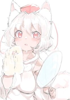 1girl :o after_exercise animal_ear_fluff animal_ears blush commentary_request detached_sleeves hand_fan hat highres holding holding_fan inubashiri_momiji long_sleeves looking_at_viewer open_mouth paper_fan pom_pom_(clothes) red_eyes red_hat shirt simple_background solo sweat sweatdrop swept_bangs teeth tokin_hat touhou towel towel_on_one_shoulder uchiwa upper_body upper_teeth_only white_background white_hair white_shirt wide_sleeves wolf_ears wolf_girl yoyoiro_(sysi20)