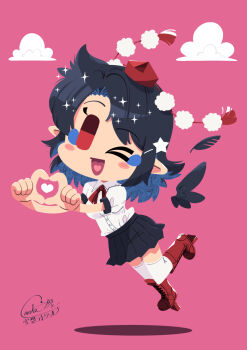 1girl :d black_hair black_skirt black_wings blue_eyeshadow blue_hair blush_stickers boots carte chibi chibi_only cloud collared_shirt colored_inner_hair commentary_request detached_wings eyeshadow feathered_wings full_body geta hat heart heart_hands heart_in_mouth highres looking_at_viewer makeup multicolored_hair one_eye_closed open_mouth pink_background pleated_skirt pointy_ears pom_pom_(clothes) red_boots red_eyes red_hat shameimaru_aya shirt short_hair signature simple_background skirt smile solo tengu-geta tokin_hat touhou white_shirt white_skirt wings
