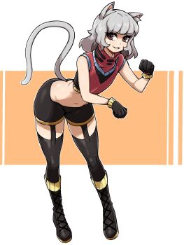 1girl animal_ear_fluff animal_ears bent_over black_boots black_gloves black_shorts black_thighhighs boots brown_eyes cat_ears cat_girl cat_tail commentary commission cropped_shirt english_commentary full_body garter_straps gloves grey_hair highres knee_boots looking_at_viewer navel oninuer original paw_pose red_shirt shirt short_hair short_shorts shorts sleeveless sleeveless_shirt smile solo tail thighhighs