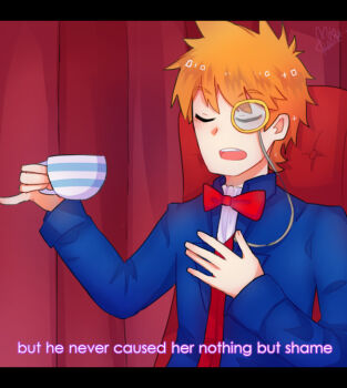 Rule 34 | 1boy, animification, blue coat, bow, bowtie, closed eyes, coat, commentary, cup, curtains, derivative work, eddsworld, english commentary, english text, hand on own chest, holding, holding cup, letterboxed, light blush, male focus, matt (eddsworld), molechan, monocle, official alternate costume, open clothes, open coat, open mouth, orange hair, pinky out, red bow, red bowtie, red vest, screenshot redraw, shirt, short hair, signature, solo, teacup, u u, upper body, vest, white shirt