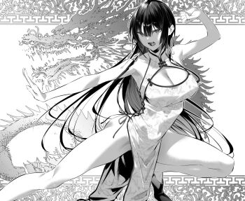 1girl black_hair breasts china_dress chinese_clothes cleavage cleavage_cutout clothing_cutout cross-laced_clothes cross-laced_dress dragon dress fighting_stance floral_print hair_ribbon haite_kudasai_takamine-san hiiragi_yuuichi large_breasts long_hair monochrome open_mouth pelvic_curtain ribbon sleeveless sleeveless_dress takamine_takane