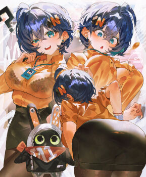 1girl ? alternate_costume ass bangboo_(zenless_zone_zero) belle_(zenless_zone_zero) black_pantyhose black_skirt blue_hair breasts collared_shirt eous_(zenless_zone_zero) green_eyes hair_ornament highres id_card indol lanyard large_breasts letter_hair_ornament long_sleeves multiple_views open_mouth orange_shirt pantyhose pencil_skirt popped_button see-through_clothes see-through_shirt shirt short_hair skirt zenless_zone_zero