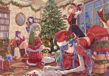5girls absurdres aqua_eyes ave_mujica_(bang_dream!) bang_dream! bang_dream!_it's_mygo!!!!! black_dress black_hair blacky1266859 blue_hair boots bow box brown_eyes brown_hair cake cane capelet cellphone christmas christmas_tree commentary crossed_legs dress dropped_food earrings elbow_gloves english_commentary fallen_down food fur-trimmed_boots fur-trimmed_capelet fur-trimmed_headwear fur_trim gift gift_box gloves green_hair hair_bow hat hat_bow high_heel_boots high_heels highres holding holding_phone holding_tray indoors jewelry looking_at_viewer mirror misumi_uika multiple_girls pantyhose phone pom_pom_(clothes) purple_eyes purple_hair red_boots red_capelet red_gloves red_hat red_skirt santa_costume santa_hat sitting skirt strawberry_cake sunglasses sweat togawa_sakiko tray wakaba_mutsumi wariza white_gloves white_pantyhose window wooden_floor yahata_umiri yuutenji_nyamu