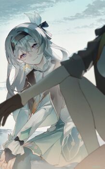 2girls aqua_thighhighs black_bridal_gauntlets black_gloves black_hairband bridal_gauntlets closed_mouth cloud cropped_jacket firefly_(honkai:_star_rail) gloves grey_hair hair_between_eyes hair_ornament hairband highres honkai:_star_rail honkai_(series) knee_up long_hair long_sleeves looking_at_viewer multiple_girls outdoors shirt sitting skirt sky sleeves_rolled_up smile stelle_(honkai:_star_rail) thighhighs trailblazer_(honkai:_star_rail) yukiusagi_(snowrabbit0508)