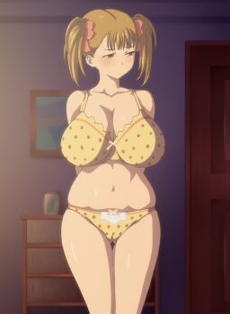 1girl belly blonde_hair blush bra breasts cleavage embarrassed female_focus haha_musume_donburi hair_ribbon highres huge_breasts indoors kabushikigaisha_toranoana kaneko_hiraku kirin999 looking_away muffin_top oyakodon_oppai_tokumori_bonyuu_shirudaku_de oyakodon_oppai_tokumori_bonyuu_tsuyudaku_de panties plump polka_dot ribbon rumi_(haha_musume_donburi) screencap short_twintails skindentation solo standing toranoana twintails underwear