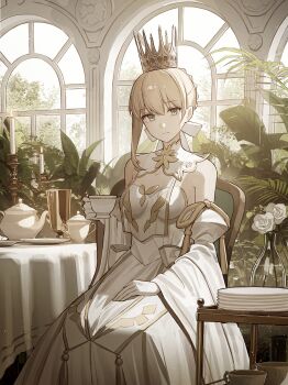 1girl absurdres artoria_pendragon_(fate) bare_shoulders blonde_hair bow breasts candle commentary crown cup detached_sleeves dress fate/grand_order fate_(series) flower gloves green_eyes hair_bow highres holding holding_cup lord_logres_(fate) lord_logres_(second_ascension)_(fate) medium_breasts plant plate rose short_hair smile solo tamitami teacup teapot white_bow white_dress white_flower white_gloves white_rose window