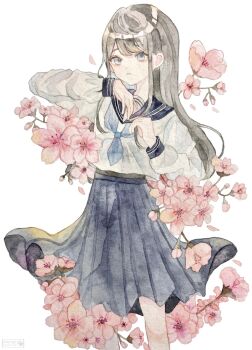 Rule 34 | 1girl, aoyagi874, artist name, bare legs, blue eyes, blue skirt, blush, cherry blossoms, closed mouth, commentary request, cowboy shot, expressionless, falling petals, flower, hand on own face, hand up, highres, long hair, long sleeves, muted color, neckerchief, original, painting (medium), pale skin, petals, pleated skirt, ribbon, sailor collar, school uniform, shirt, sidelocks, signature, skirt, standing, swept bangs, traditional media, watercolor (medium), watermark, white background, white shirt