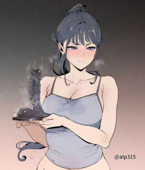 1girl alp armpit_crease blue_camisole blue_eyes blue_hair blush breasts camisole cleavage collarbone commentary_request dildo fanged_bangs fellatio gradient_background highres holding holding_sex_toy implied_after_fellatio large_breasts long_hair mole mole_under_eye oral original ponytail saliva sex_toy sideboob simulated_fellatio solo spaghetti_strap spiked_dildo stained_clothes steam suction_cup_dildo sweatdrop upper_body very_long_hair