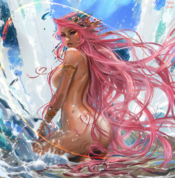1girl aphrodite_(hades) armlet artist_name ass barefoot bracer breasts commentary english_commentary from_behind gold_armlet hades_(series) heart heart-shaped_hair heart_hair_strand highres jewelry large_breasts long_hair looking_back nude parted_lips pink_eyes pink_hair solo tatti_art very_long_hair water
