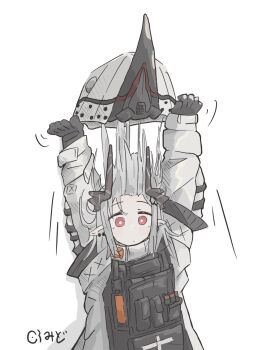 1girl arknights armor arms_up black_gloves black_horns bright_pupils commentary demon demon_girl demon_horns earrings expressionless gloves grey_hair highres horns jewelry kuramidomoyasi long_hair long_sleeves looking_at_viewer mudrock_(arknights) pointy_ears red_eyes removing_helmet signature simple_background solo upper_body white_background white_pupils