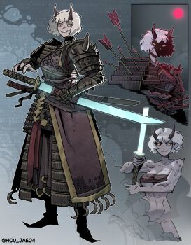 1girl armor arrow_(projectile) colored_skin demon_girl glowing glowing_sword glowing_weapon highres ho-uja holding holding_sword holding_weapon horns japanese_armor katana medium_hair monster_girl moon original purple_skin red_moon samurai shoulder_armor signature smoke sode standing sword weapon yellow_eyes