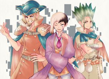 Rule 34 | 3boys, asagiri gen, asymmetrical hair, bandaged arm, bandages, belt, black hair, blonde hair, blue cape, blue eyes, bow, bowtie, cape, coat, collarbone, commentary request, crossed arms, dr. stone, e=mc2 (equation), facial mark, finger to mouth, gradient hair, green hair, grin, hand on own hip, hat, highres, ishigami senkuu, japanese clothes, kimono, looking at viewer, male focus, medium hair, multicolored hair, multiple boys, nanami ryuusui, necktie, ninomae gin, number on cheek, one eye closed, pants, pink bow, pink bowtie, pirate, pirate hat, pouch, purple kimono, red eyes, short hair, signature, simple background, smile, spiked hair, split-color hair, two-tone hair, white belt, white hair, white pants