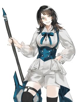 1girl bang_dream! bang_dream!_it&#039;s_mygo!!!!! black_thighhighs blue_bow blue_bowtie blue_corset blue_eyes bow bowtie breasts corset feiyu30903448 garter_straps hand_on_own_hip highres medium_breasts open_mouth shirt shorts simple_background solo thighhighs white_background white_shirt white_shorts yahata_umiri