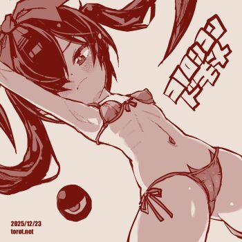 1girl arm_up armpits backbeako_(torotei) backbeard bikini blush bow breasts closed_mouth commentary dated dated_commentary dutch_angle gegege_no_kitarou hair_bow hair_over_one_eye kono_lolicon_domome light_frown loli long_hair looking_at_viewer monochrome navel original paid_reward_available pointy_ears red_theme ribs side-tie_bikini_bottom simple_background small_breasts solo swimsuit torotei translated twintails watermark web_address white_background