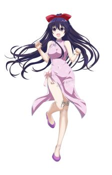 1girl a_xi_xi absurdres bare_shoulders bow breasts china_dress chinese_clothes commentary_request date_a_live dress full_body hair_bow high_heels highres kitten_heels long_hair medium_breasts open_mouth purple_dress purple_eyes purple_hair purple_shoes shoes smile solo transparent_background yatogami_tohka