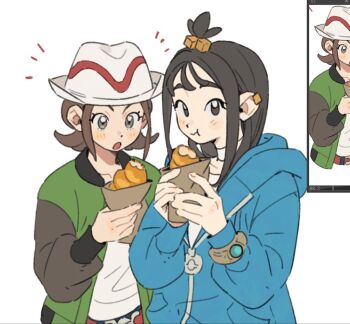 2girls baguette belt black_hair blue_hoodie blush bread breasts brown_eyes brown_hair closed_mouth cube_hair_ornament earclip eating food green_jacket grey_eyes hair_ornament harmony_(pokemon) hat holding holding_food hood hood_down hoodie jacket lida_(pokemon) long_hair long_sleeves looking_at_viewer minamip multiple_girls nintendo open_clothes open_jacket open_mouth pokemon pokemon_legends:_z-a shirt short_hair striped_hat topknot upper_body white_hat white_shirt
