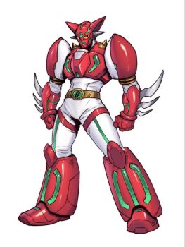 alfonsaurus arm_blade armor belt bodysuit boots commentary english_commentary getter_robo gloves gold_belt helmet highres humanization looking_at_viewer mecha red_armor red_boots red_gloves red_helmet robot shin_getter-1 shoulder_armor simple_background super_robot superhero_costume weapon white_background white_bodysuit