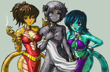 3girls blue_hair blush breasts brown_eyes brown_hair chest_markings cigarette colored_nipples colored_sclera colored_skin cowboy_shot cracked_skin dress facial_mark flower glowing_markings green_skin grey_hair grey_nails grey_nipples grey_sclera grey_skin groin hair_flower hair_ornament half-closed_eyes hand_on_own_chest hand_up high_ponytail impossible_clothes impossible_dress jewelry lamia legs_apart long_hair monster_girl multiple_girls necklace nipples no_irises no_pupils nude open_mouth parted_bangs petrification ponytail pupiless_eyes purple_eyes short_hair simple_background snake_hair solid_eyes standing statue stone_skin swept_bangs tattoo transformation v-shaped_eyebrows variant_set veloxiraptor yellow_skin