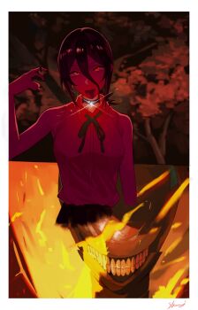 1girl black_choker black_ribbon bomb_devil_(chainsaw_man) chainsaw_man choker grenade_pin hair_between_eyes highres imminent_explosion neck_ribbon pull_cord reze_(chainsaw_man) ribbon shirt shirt_tucked_in sleeveless sleeveless_shirt transformation x0195195796238