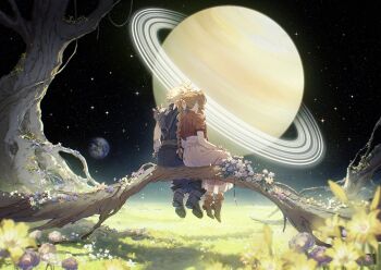 1boy 1girl aerith_gainsborough armor bare_tree black_boots blonde_hair blue_pants blue_shirt boots braid brown_boots brown_hair cloud_strife commentary daffodil dress earth_(planet) english_commentary field final_fantasy final_fantasy_vii flower from_behind grass hair_ribbon highres jacket kieta pants pauldrons pink_dress pink_ribbon planet red_jacket ribbon saturn_(planet) shirt short_hair short_sleeves shoulder_armor side-by-side single_braid single_pauldron sitting sky space spiked_hair star_(sky) starry_sky suspenders tree white_flower yellow_flower