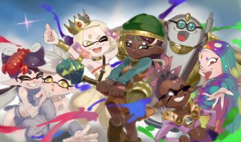 1boy 6+girls ayla_(chrono_trigger) ayla_(chrono_trigger)_(cosplay) big_man_(splatoon) callie_(splatoon) cephalopod_eyes chrono_trigger commentary cosplay dark-skinned_female dark_skin fangs food food_on_head frye_(splatoon) glasses goggles highres johnny_(chrono_trigger) johnny_(chrono_trigger)_(cosplay) kino_(chrono_trigger) kino_(chrono_trigger)_(cosplay) lucca_ashtear lucca_ashtear_(cosplay) marie_(splatoon) marina_(splatoon) marle_(chrono_trigger) marle_(chrono_trigger)_(cosplay) mohawk multiple_girls nintendo object_on_head pearl_(splatoon) pointy_ears robo_(chrono_trigger) robo_(chrono_trigger)_(cosplay) round_eyewear shiver_(splatoon) smile spiked_hair splatoon_(series) splatoon_1 splatoon_2 splatoon_3 stup-jam sunglasses symbol-shaped_pupils yellow_eyes