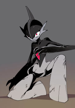 1other arm_blade arm_up battle_damage black_hair black_skin clenched_teeth colored_skin crying crying_with_eyes_open dirty dirty_face drop_shadow facing_viewer gallade gen_4_pokemon gradient_background grey_background grimace highres injury kneeling looking_ahead mohawk multicolored_skin nintendo on_ground on_one_knee pokemon pokemon_(creature) pokemon_focus red_eyes solo tearing_up tears teeth two-tone_skin umi-be-to weapon white_skin wide-eyed wide_hips