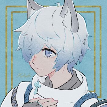 1boy animal_ears blue_eyes character_name closed_mouth commentary_request conachun fubuki_(rune_factory) grey_hair highres male_focus portrait rune_factory rune_factory:_guardians_of_azuma short_hair smile solo upper_body wolf_boy wolf_ears