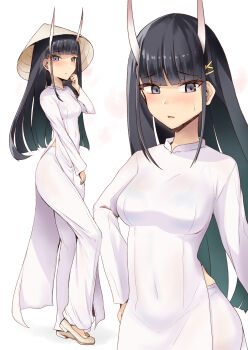 Rule 34 | 1girl, azur lane, black hair, blush, breasts, commentary request, covered navel, dress, grey eyes, hair tie, hat, highres, horns, long hair, long sleeves, medium breasts, minase (takaoka nanase), noshiro (azur lane), oni horns, pants, partial commentary, pelvic curtain, rice hat, side slit, sidelocks, solo, sweat, ao dai, white dress, white footwear, white pants