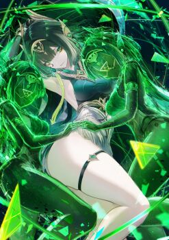 1girl absurdres armpits arms_up black_gloves breasts commentary earpiece elbow_gloves english_commentary facial_mark genshin_impact gloves green_eyes green_hair headgear highres jewelry large_breasts looking_at_viewer mark_under_eye medium_hair mole mole_under_eye multiple_persona nefer_(genshin_impact) parted_lips renoahh revision smile solo thighlet thighs