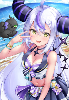 1girl ahoge beach bikini bird black_choker blue_sky breasts choker cloud commentary_request crow crow_(la+_darknesss) demon_girl demon_horns grey_hair highres hololive hololive_summer_2023_swimsuit horns la+_darknesss long_hair looking_at_viewer nail_polish navel official_alternate_costume one_eye_closed outdoors pointy_ears purple_bikini purple_nails purple_skirt purple_streaks sand skirt sky smile solo striped_bikini striped_clothes swimsuit syukuri_works v very_long_hair virtual_youtuber water yellow_eyes