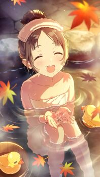 1girl autumn_leaves closed_eyes gakuen_idolmaster game_cg highres idolmaster kuramoto_china leaf naked_towel official_art onsen open_mouth partially_submerged rubber_duck sitting solo towel water