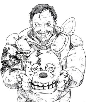 1boy animatronic artist_name beard commentary conabemin english_commentary facial_hair five_nights_at_freddy&#039;s greyscale grin highres holding_mascot_head looking_at_viewer male_focus monochrome smile springtrap white_background william_afton