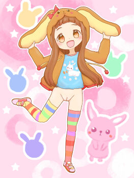 1girl absurdres animal animal_hood animal_print asymmetrical_legwear blue_bow blue_shirt blush bottomless bow brown_eyes brown_hair brown_hoodie carrot_print flat_chest floral_print food_print highres hood hood_up hoodie ichihara_nina idolmaster idolmaster_cinderella_girls loli long_hair long_sleeves looking_at_viewer mismatched_legwear open_clothes open_hoodie open_mouth pink_background pink_footwear pink_thighhighs print_shirt pussy rabbit rabbit_hood rabbit_print shirt shoes smile standing standing_on_one_leg star_(symbol) star_symbol_background striped_clothes striped_thighhighs thighhighs urameido yellow_thighhighs