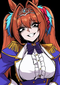 1girl animal_ears black_eyes blue_bow blue_jacket blue_skirt bow breasts brown_hair center_frills commentary_request crown daiwa_scarlet_(peak_blue)_(umamusume) daiwa_scarlet_(umamusume) duplicate epaulettes frills gesugao grin hair_between_eyes hair_intakes high-waist_skirt highres horse_ears horse_girl jacket large_breasts long_hair looking_at_viewer nagai_negi shirt skirt smile solo twintails umamusume white_shirt