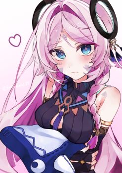 1girl bare_shoulders blue_eyes braid breasts citlali_(genshin_impact) closed_mouth commentary facial_mark floating_headgear forehead_mark futabababa_28 genshin_impact gradient_background headgear heart heattech_leotard highres hugging_object itzpapa_(genshin_impact) leotard long_hair looking_at_viewer medium_breasts pillow pillow_hug pink_background pink_hair pink_pupils simple_background solo symbol-only_commentary triangle triangle_facial_mark turtleneck twin_braids upper_body