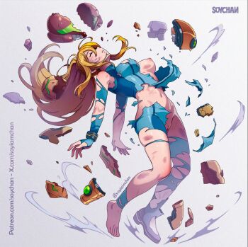 1girl artist_name barefoot blonde_hair blue_bodysuit bodysuit breasts broken bruise cleft_of_venus closed_eyes commentary defeat english_commentary exploding_clothes feet full_body injury long_hair medium_breasts metroid metroid_prime_4:_beyond navel nintendo nipples paid_reward_available parted_lips patreon_username ponytail power_suit_(metroid) pussy samus_aran scratches solo soy-chan toes torn_bodysuit torn_clothes twitter_username uncensored watermark web_address white_background zero_suit