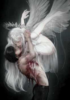 2girls belt black_eyes black_hair blood blood_from_mouth blood_splatter bob_cut body_horror commentary dress english_commentary feathered_wings floating full_body halo hand_on_another&#039;s_neck highres imminent_kiss impaled long_hair looking_at_another multiple_girls no_shirt original puppet_strings sacrilaig see-through_clothes see-through_dress short_hair toned very_long_hair white_dress white_hair white_wings wings yuri