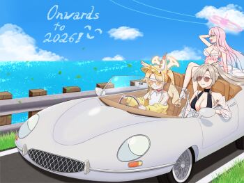 Rule 34 | 3girls, absurdres, animal ear fluff, animal ears, bare shoulders, bikini, black one-piece swimsuit, blonde hair, blue archive, breasts, car, cleavage, closed mouth, collarbone, commentary request, dorugoredien, driving, fox ears, fox girl, frilled bikini, frills, halo, highres, jacket, large breasts, long hair, mika (blue archive), mika (swimsuit) (blue archive), motor vehicle, multiple girls, nagisa (blue archive), nagisa (swimsuit) (blue archive), official alternate costume, official alternate hairstyle, one-piece swimsuit, open mouth, pink hair, pink halo, red halo, seia (blue archive), seia (swimsuit) (blue archive), smile, sunglasses, swimsuit, tea party (blue archive), very long hair, white bikini, white one-piece swimsuit, yellow halo, yellow jacket