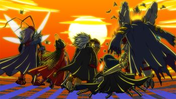 Rule 34 | 1girl, 4boys, arthropod boy, banchogolemon, bancholeomon, bancholilimon, banchomamemon, banchostingmon, banchou, bandai, baseball bat, chain, coat, coat on shoulders, delinquent, digimon, evening, multiple boys, official art, plant, sky, sunset, wings